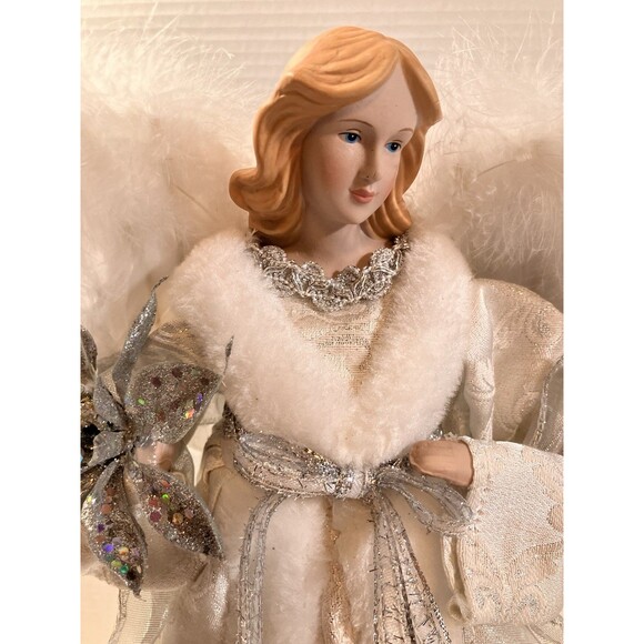 18” Silver Angel Christmas Tree Topper With Ceramic Face And Hands - Picture 3 of 6